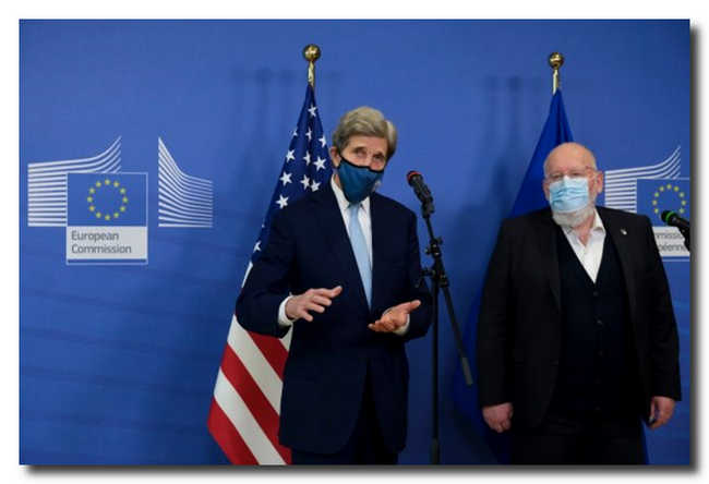 EU Commission Vice-president in charge for European Green Deal Frans Timmermans and US Special Presidential Envoy for Climate John Kerry, Brussels, Belgium on March 9th, 2021.