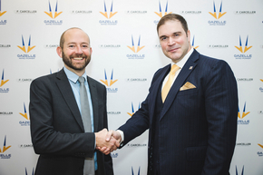 Gazelle CEO Jon Salazar and F. Carceller CEO Pablo Carceller shake hands at the official signing ceremony