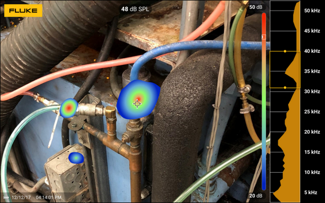 Fluke's ii900 Industrial Acoustic Imager captures still and video images of compressed air leaks at a facility